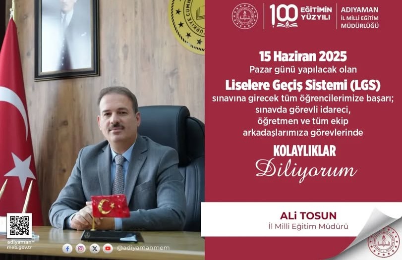 İL MİLLİ EĞİTİM MÜDÜRÜ ALİ TOSUN’DAN LGS MESAJI